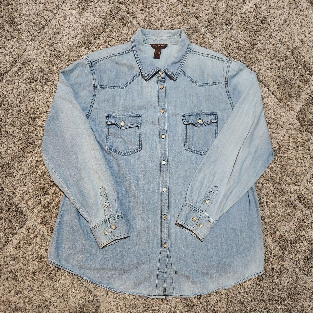 Bit & Bridle Denim Western Pearl Button Down Shirt Cowgirl Ranch Women’s 1X